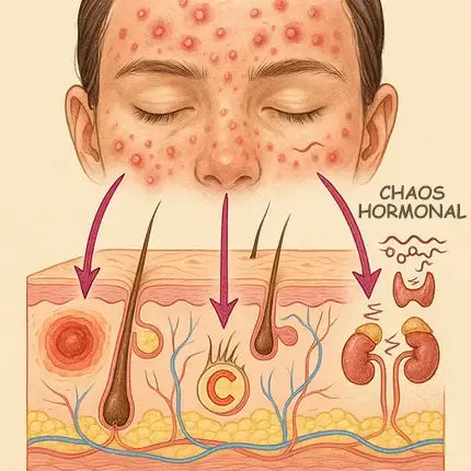 Illustration des fluctuations hormonales — les androgènes pilotent la production de sébum et les inflammations de la peau