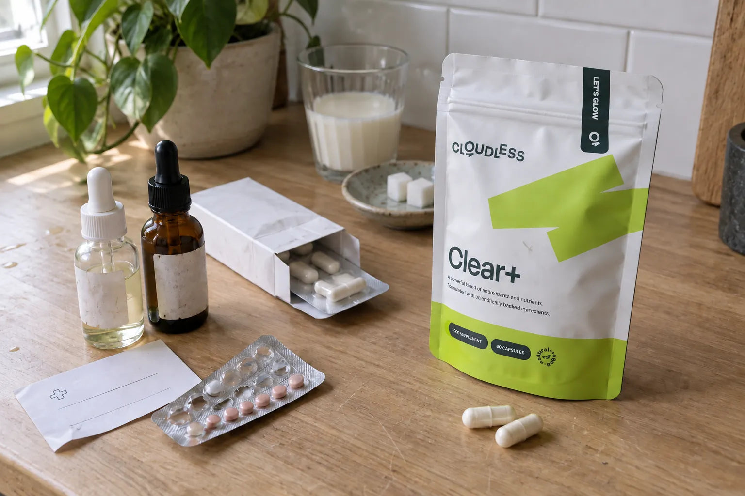 What I tried over 6 years, on my bathroom counter: serums, the pill, antibiotics, a skin therapist’s card, cutting out dairy and sugar, and Clear+
