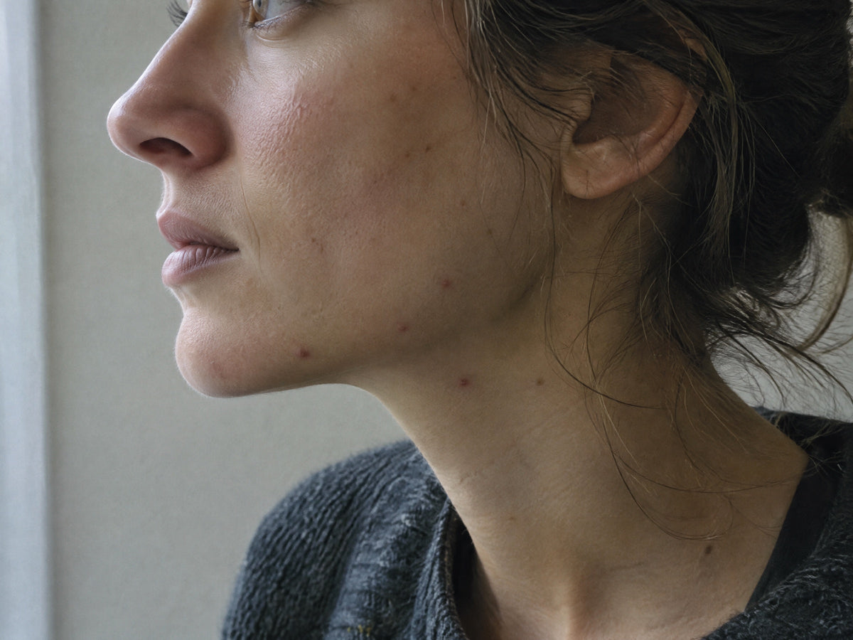 Close-up van de kaaklijn van een vrouw in zacht raamlicht, met een natuurlijke huid