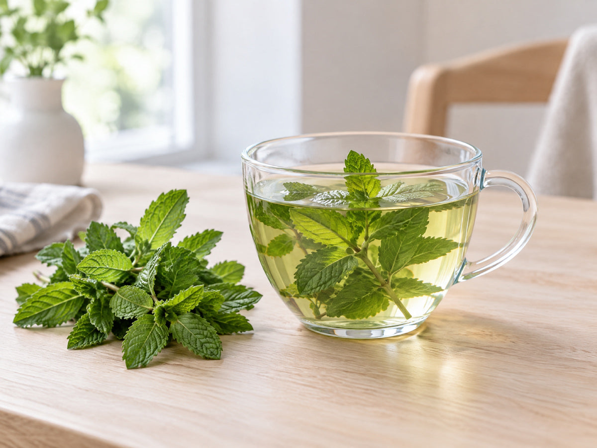 Glazen kop verse muntthee naast een bosje verse spearmint op een houten tafel