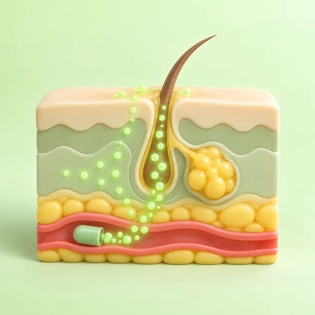 Illustration: a capsule in the bloodstream delivers nutrients to the hair follicle, oil gland and skin surface